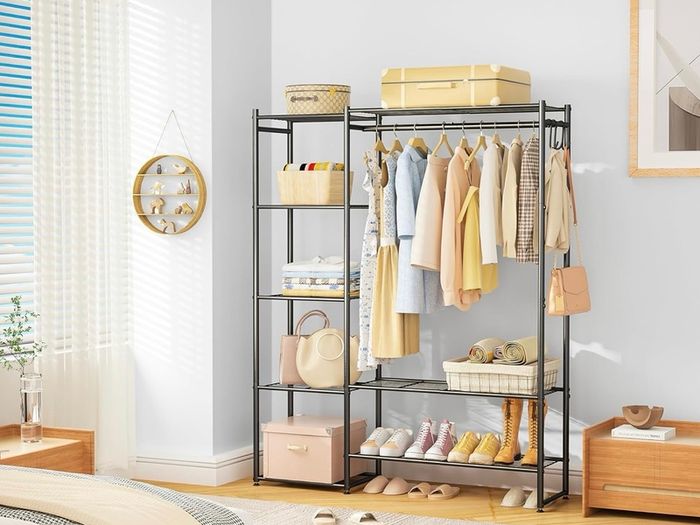 Clothes Rail with Shelves Metal Wardrobes for Bedroom Clothing Rack Open Wardrobe, With 4 Tiers Shelves, Portable & Free Standing, Clothes Rails for Bedroom