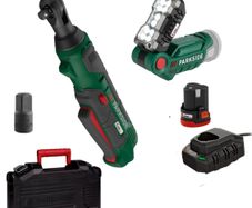 Parkside 12V Bundle Set. 12V Cordless Impact Ratchet 3/8 Inch Drive + 1/2 Inch Adapter 2AH 12V Battery 2.4A 12V Charger 12V Cordless Led Work Light. Mechanic Garage DIY Projects Car Motorcycle Trailer Repair