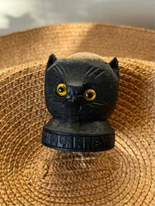 Antique Black Cat Bog Oak Sewing Pin Cushion