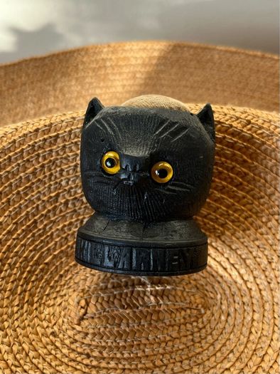 Antique Black Cat Bog Oak Sewing Pin Cushion