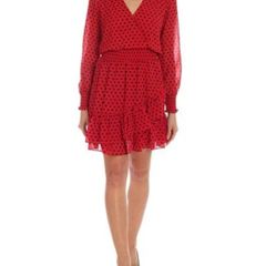 MICHAEL KORS Red Smocked Ruffled Polka Dot Dress UK 10
