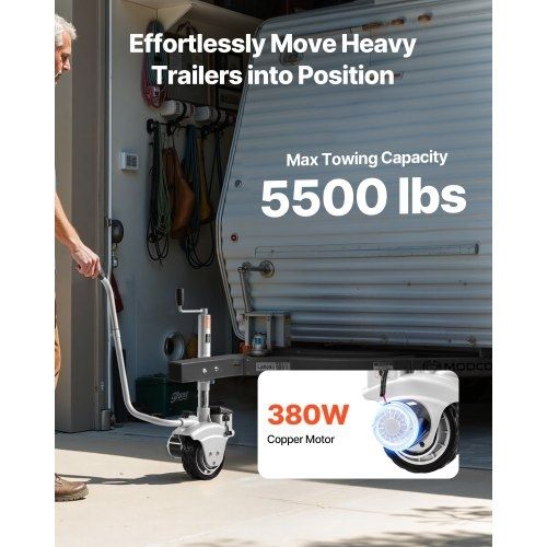 Electric Trailer Dolly, 2.5 T Towing Capacity, 380W 12V Motorized Jockey Wheel with 7 m/min Moving Speed, 31-63 cm Adjustable Clamp Height & 20.3 cm Rubber Tire, For Moving Caravan Boat