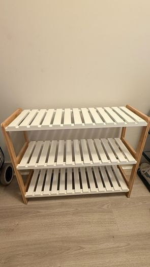 Three-tier bamboo and white slatted shoe rack