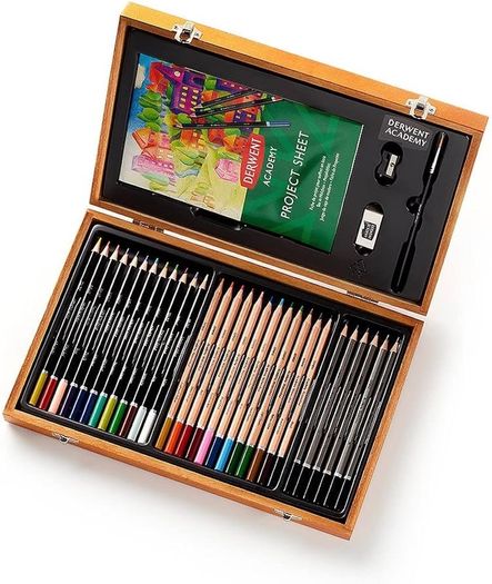 Academy Wooden Gift Box,Complete 35 Piece Art Set with Colouring Pencils,Pastels & Accessories, Ideal Collection for Drawing, Sketching & Crafts, Premium Hobbyist Quality Kit