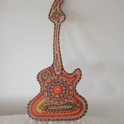 Hand Painted Signed Mandala Tribal Zen Folk Art Guitar Wood Wall Hanging
