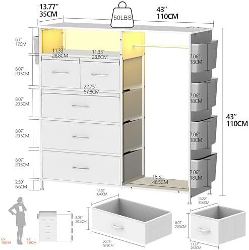 5 Drawer Dresser with Clothes Rail LED Lights Charging Station Storage Chest with Side Pockets