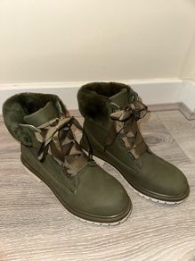 New Lee Cooper Khaki Green Ankle Boots with Faux Fur Collar - Size UK 5