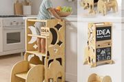 4-In-1 Toddler Kitchen Step Stool - Foldable Learning Standing Tower with Blackboard - Convertible Wooden Kitchen Stool Helper for Kids Boys Girls (Natural)