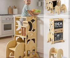 4-In-1 Toddler Kitchen Step Stool - Foldable Learning Standing Tower with Blackboard - Convertible Wooden Kitchen Stool Helper for Kids Boys Girls (Natural)