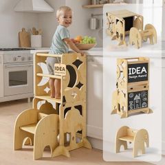 4-In-1 Toddler Kitchen Step Stool - Foldable Learning Standing Tower with Blackboard - Convertible Wooden Kitchen Stool Helper for Kids Boys Girls (Natural)