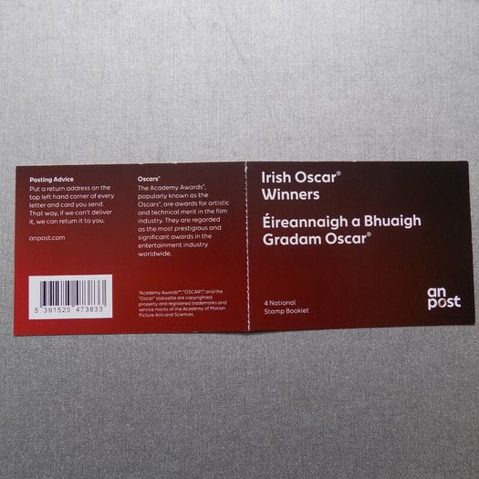 Irish Oscar Winners.2020.Irish Stamp Booklet.4 x N values.Self-Adhsive stamps.MNH.