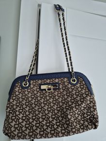 DKNY Blue/Brown Signature canvas and leather chain shoulder bag