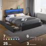 Double Bed Frame LED Metal Bed, 4 Drawers, Charging Station, Adjustable Padded Headboard, Slate Grey Image 3