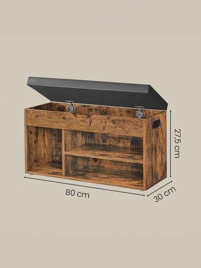 Shoe Storage Bench with Padded Seat and 3 Open Compartments Rustic Brown and Black