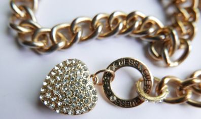 Guess Gold Tone Toggle Puffed Heart Charm Necklace Rhinestone Length 20"