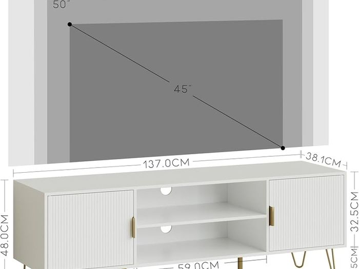 White Wood TV Stand for up to 65 Inch TV, 137cm TV Unit with 2 Cabinets and Open Shelves, Modern TV Console Table for Living Room,53.9 x 15.0 x 18.9 inches