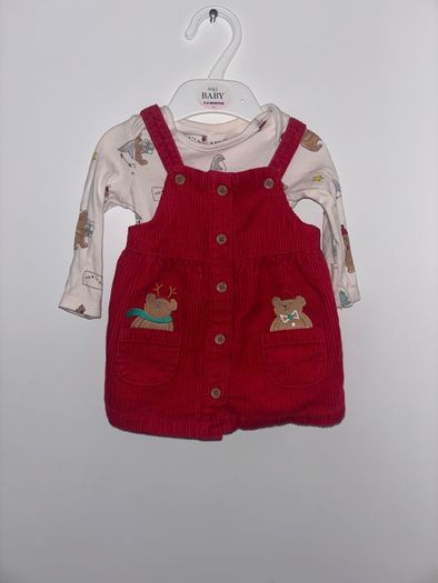 Adorable M&S Baby Christmas 2-piece set, 0-3 months. Teddy print long sleeve top + red corduroy pinafore.