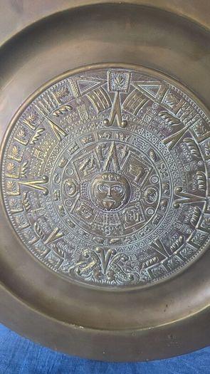 Large vintage brass Aztec calendar wall plate
