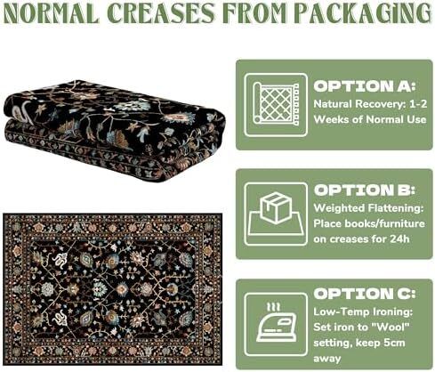 Traditional Living Room Rug, Large Black Rug for Bedroom, 160 x 230 cm, Soft Short Pile Vintage Floral Area Rug, Machine Washable Kitchen Carpet with Non-Slip Backing