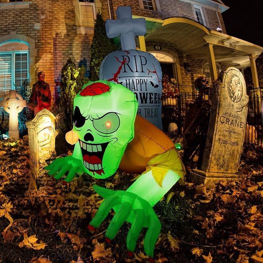 SEASONAL SALE Halloween Inflatable Crawling Green Ghost with Tombstone, Built-in LED Lights, Inflatable LED Lights Blow Up Yard Decoration