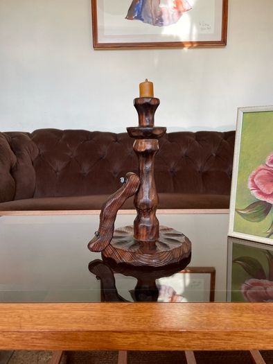Primitive Candle Stick Antique Style Wood with Iron Tacks