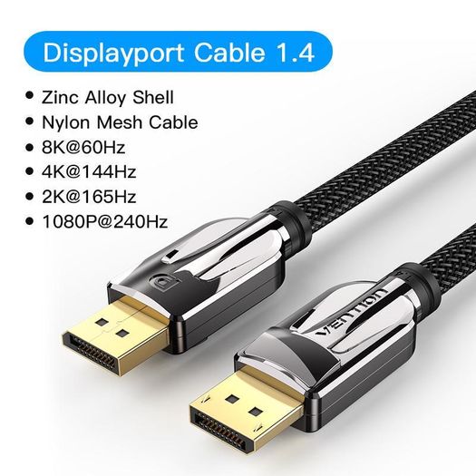 VENTION 3M Premium DisplayPort 1.4 UHD/3D 8K (7680x4320@60Hz) 32.4Gbps Luxury Model (Zinc Alloy/Nylon Braided/Gold Plated) Cable (Brand New/Warranty)