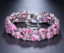Pink Stone Crystal Silver Statement Bracelet