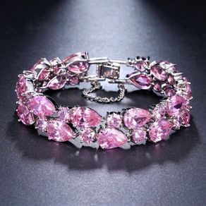 Pink Stone Crystal Silver Statement Bracelet