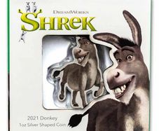 2021 Niue 1 oz Silver  Donkey Shaped Colorized Coin (Shrek). Proof.Mintage 1000