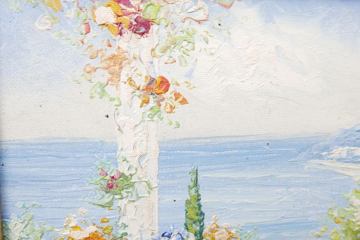 Vintage Oil Paintings Seaside Impressionism Wall Art Blue Oil Paintings Garden Floral Wall Art Blue Artwork Living Room Wall Art, signed framed