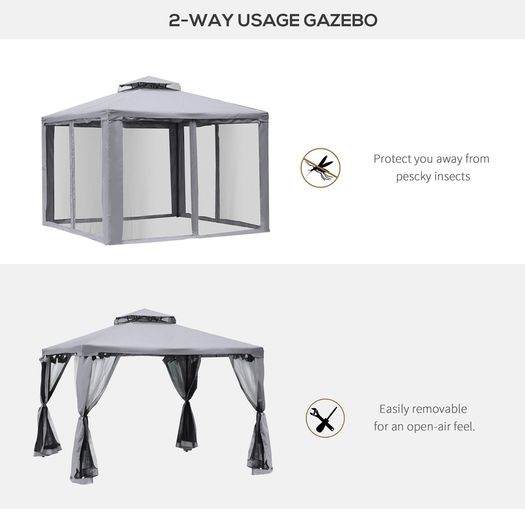 3 x 3 Meter Metal Gazebo Garden Outdoor 2-tier Roof Marquee Party Tent Canopy Pavillion Patio Shelter with Netting