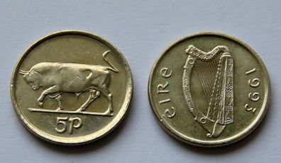 Irish 1993 pair 5p Five Pence Ireland coins 33 years old