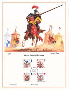 1984 Great Britain Limited Edition Lithographed Print measuring 333mm X 257mm showing Great Britain Heraldry Commemorative stamps with First Day of Issue Cancel