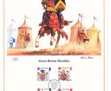 1984 Great Britain Limited Edition Lithographed Print measuring 333mm X 257mm showing Great Britain Heraldry Commemorative stamps with First Day of Issue Cancel