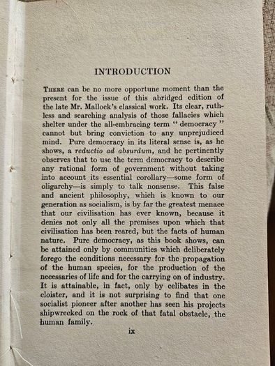 Democracy. By W. H. Mallock. An Abridged Of The Limits Of Pure Democracy. 1924 Hardback In Good Condition.  See Photos For Same.