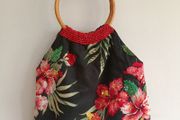 Floral Beaded Handbag with Bamboo Handles - Black, Red &amp; Green