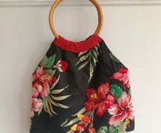 Floral Beaded Handbag with Bamboo Handles - Black, Red & Green