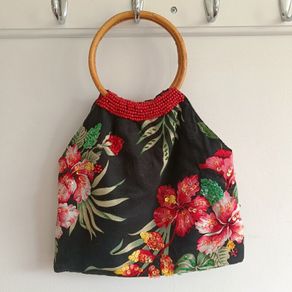 Floral Beaded Handbag with Bamboo Handles - Black, Red & Green