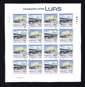 2004 Ireland Inauguration of Luas Team Stamp Sheetlet Plate 1A1A1A1A Fine CDS Used with Dublin cancel of 30th June 2004 (First day of issued) on envelope extract.