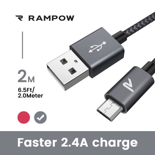 RAMPOW 2M Micro USB Fast Charging QC 3.0/2.0 & Data Sync Nylon Braided Cable (Brand New/Warranty)