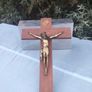 16" Mid Century Brass Christ on Mahogany cross Image 3
