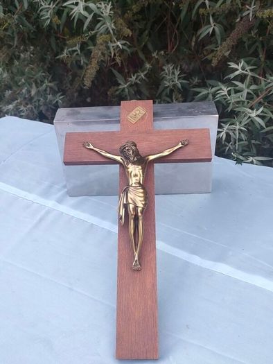 16" Mid Century Brass Christ on Mahogany cross