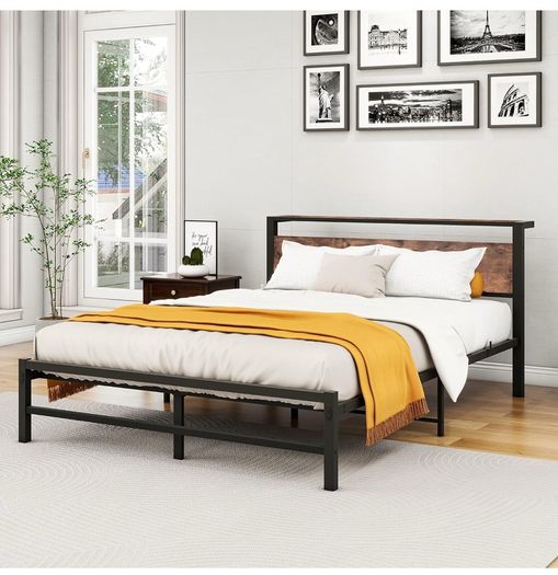 King Size bed frame With Wood Storage Headboard