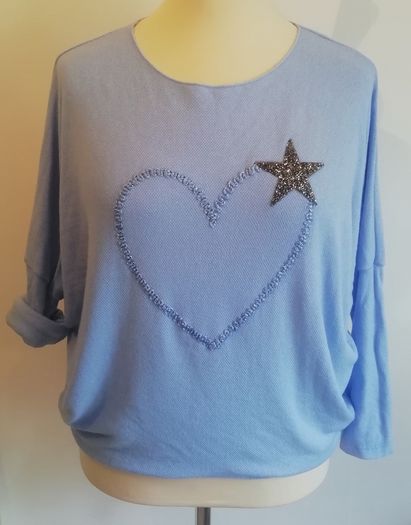 Carla Giannini Women's Angora Mix Top With Heart & Stars New With Tag Light Blue
