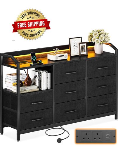 Black Chest of Drawers Bedroom, 8 Large Fabric Drawers, 110x30x88