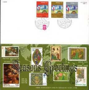 1980 Ireland Christmas Card with printed stamps but set of Irish Christmas Commemorative Stamps with First Day of Issue cancel