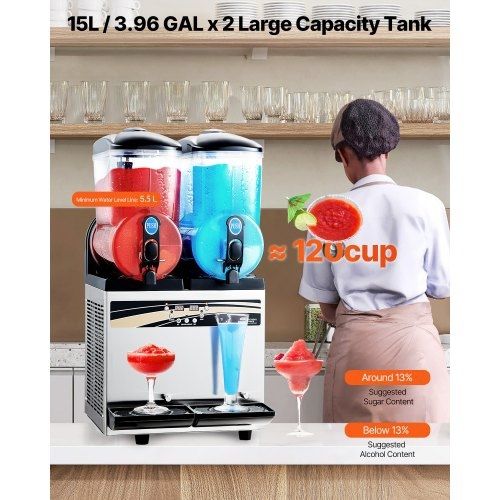 Commercial Frozen Drink Maker, 15Lx2 Double Tank Slushy Machine, 120 Cups Stainless Steel Margarita Smoothie Frozen Drink Machine