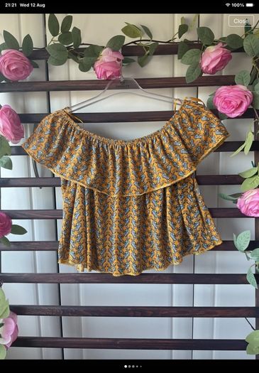 topshop off shoulder mustard patterned top size 8