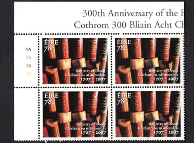 2007 Ireland 300th Anniversary of the Registry of Deeds Act Commemorative Stamp Plate Block  1A1A1A1A Mint Never Hinged (MNH)