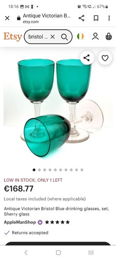 Amazing Set of Six Antique Hand-Blown Bristol Green Sherry Glasses, Stunning Teal Green Bowls with Clear Stems, circa 1890, Capacity 80mls